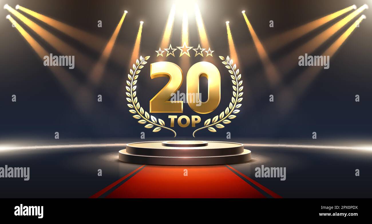 Top 20 best podium award sign, golden object. Vector illustration Stock