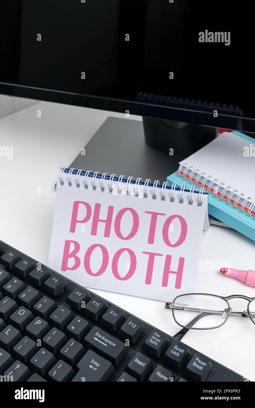 Inspiration Showing Sign Photo Booth. Concept Meaning Form Of Photo Sharing  And Publishing In The Format Of A Blog Stock Photo, Picture and Royalty  Free Image. Image 198465015.