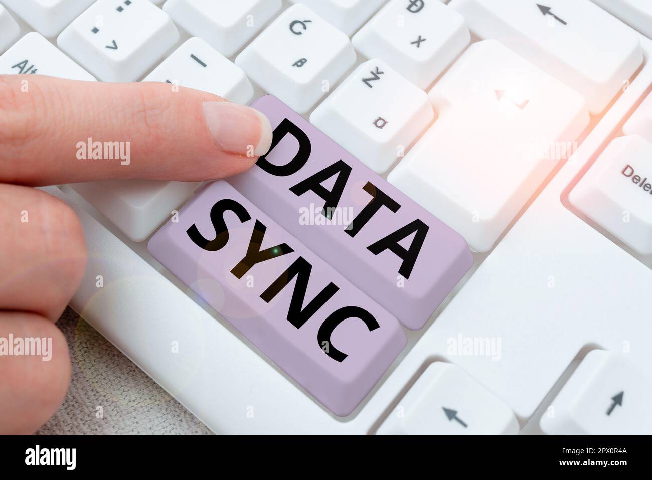Handwriting text Data Sync, Business idea data that is continuously generated by different sources Stock Photo
