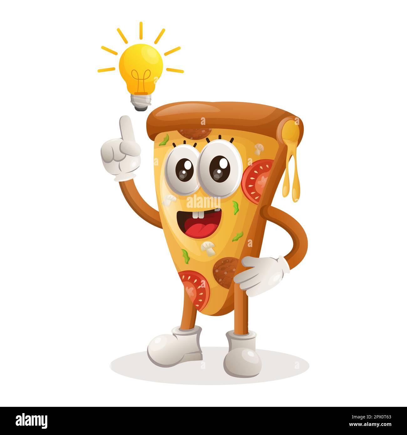 Cute pizza mascot got an idea, bulb idea, inspiration. Perfect for food store, small business or e-Commerce, merchandise and sticker, banner promotion Stock Vector