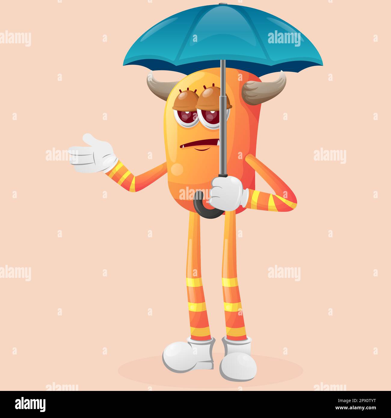 Cute orange monster holding umbrella with boblue expression. Perfect for kids, small business or e-Commerce, merchandise and sticker, banner promotion Stock Vector