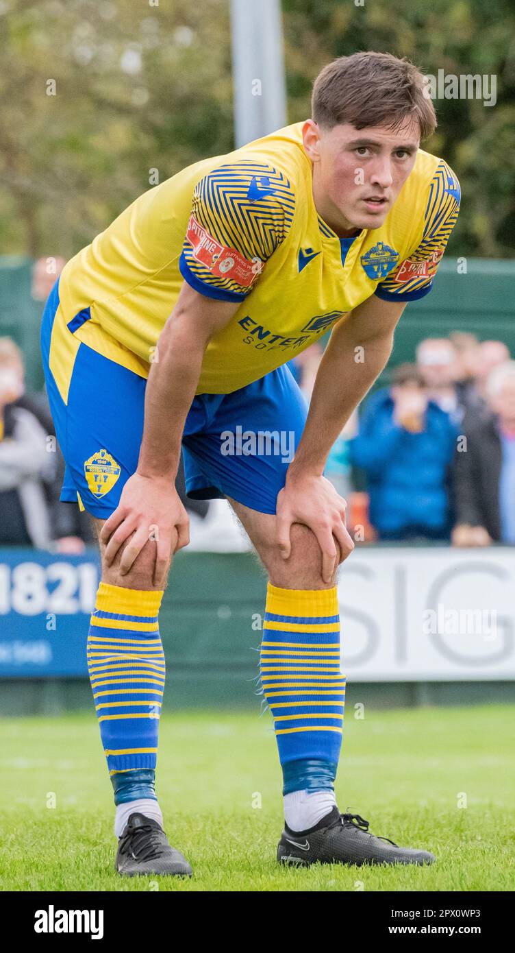 Cantilever Park, Warrington Cheshire England. 1st May 2023. Warrington striker Connor Woods, during Warrington Town Football Club V Bamber Bridge Football Cub at Cantilever Park, in the Northern Premier League Play Off Final. (Credit Image: ©Cody Froggatt/Alamy Live News) Stock Photo