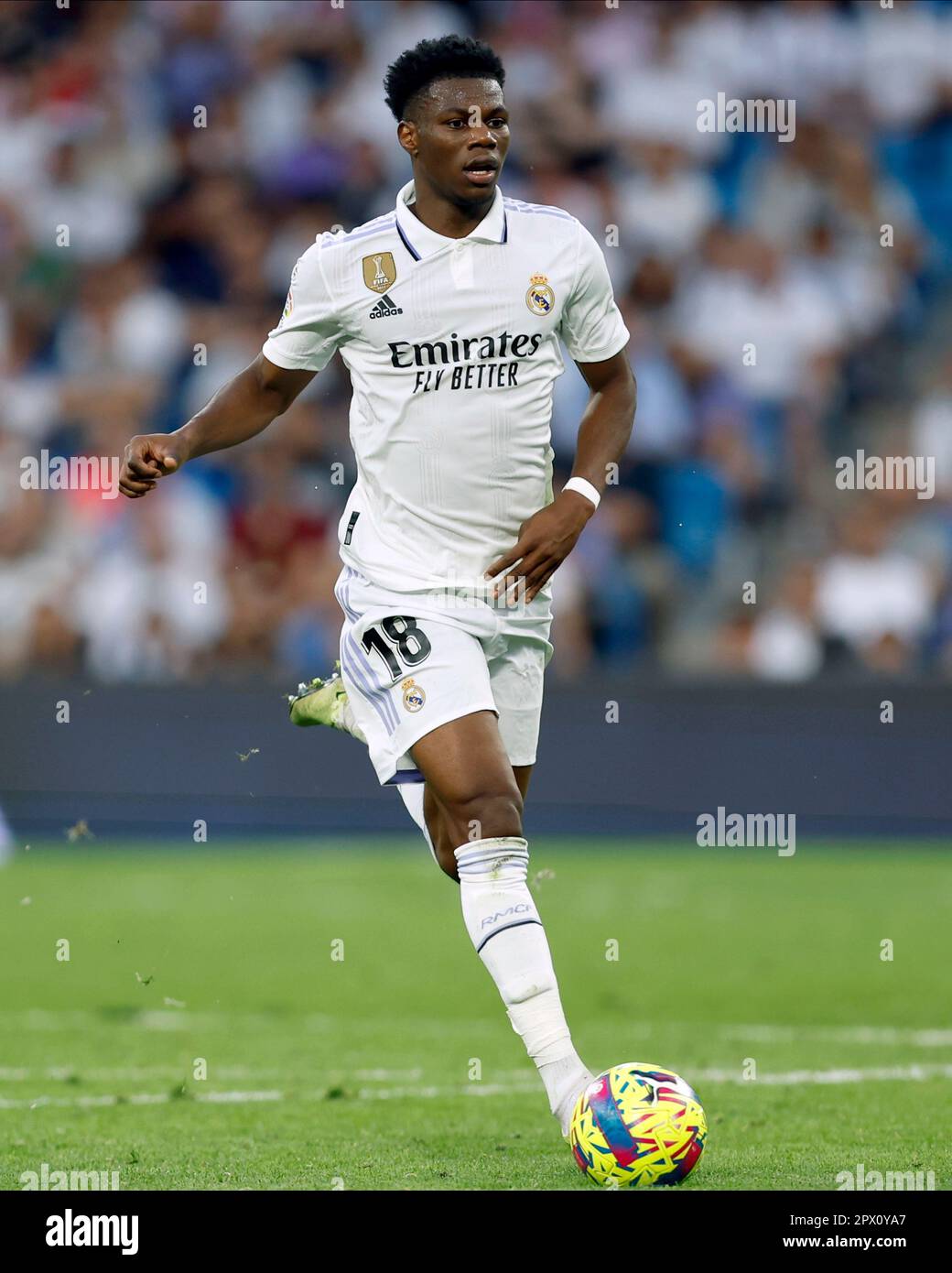 Aurelien Tchouameni of Real Madrid CF during the La Liga match between Real  Madrid and UD Almeria played at Santiago Bernabeu Stadium on April 29, 2023  in Madrid, Spain. (Photo by Cesar