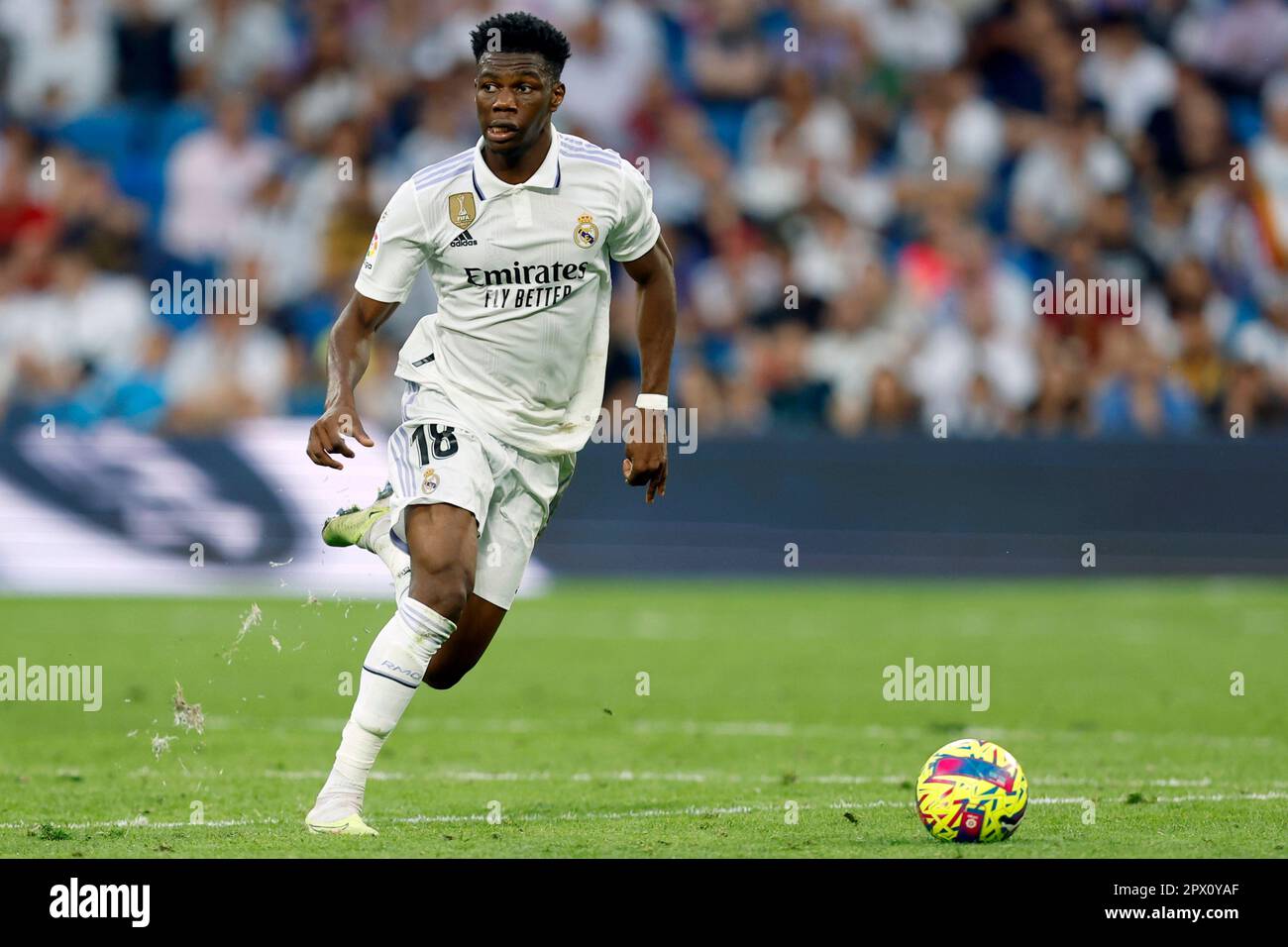 Aurelien Tchouameni of Real Madrid CF during the La Liga match between Real Madrid and UD Almeria played at Santiago Bernabeu Stadium on April 29, 2023 in Madrid, Spain. (Photo by Cesar