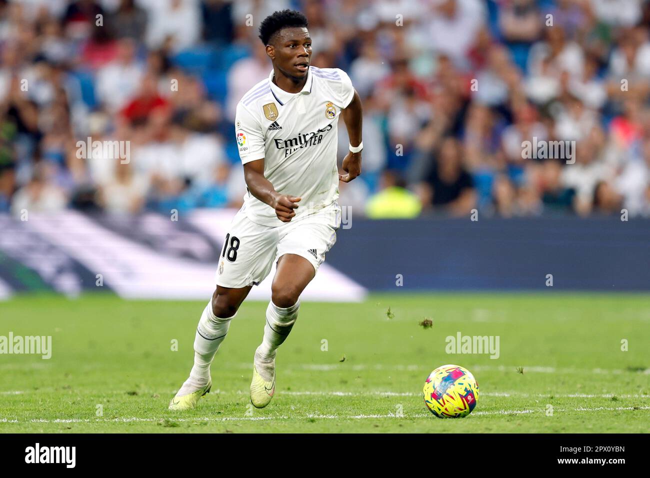 Aurelien Tchouameni of Real Madrid CF during the La Liga match between Real Madrid and UD Almeria played at Santiago Bernabeu Stadium on April 29, 2023 in Madrid, Spain. (Photo by Cesar