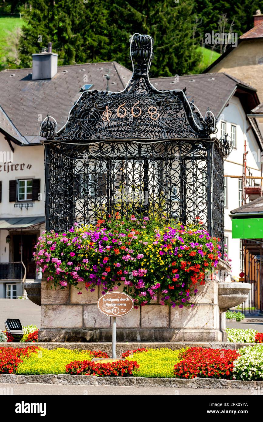 old water well on the square of Vordernberg, Styria, Austria Stock Photo
