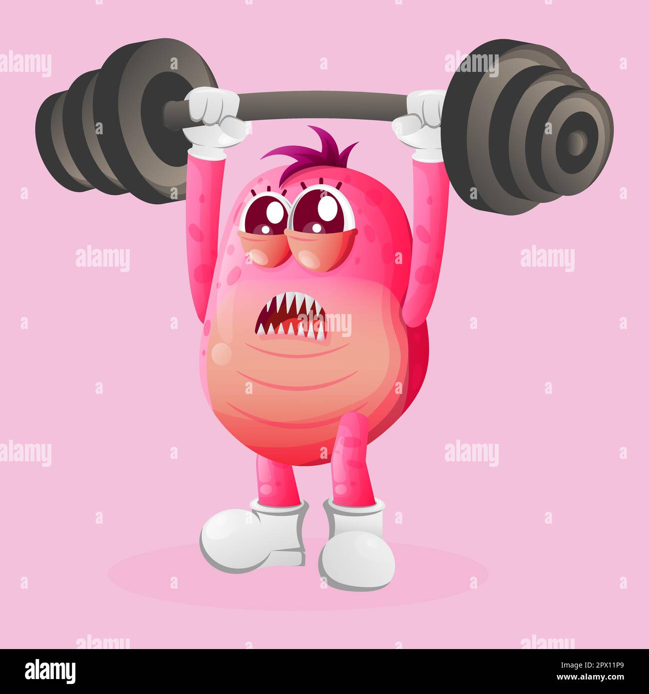 Cute pink monster bodybuilding with barbell flexing muscles. Perfect for kids, small business or e-Commerce, merchandise and sticker, banner promotion Stock Vector