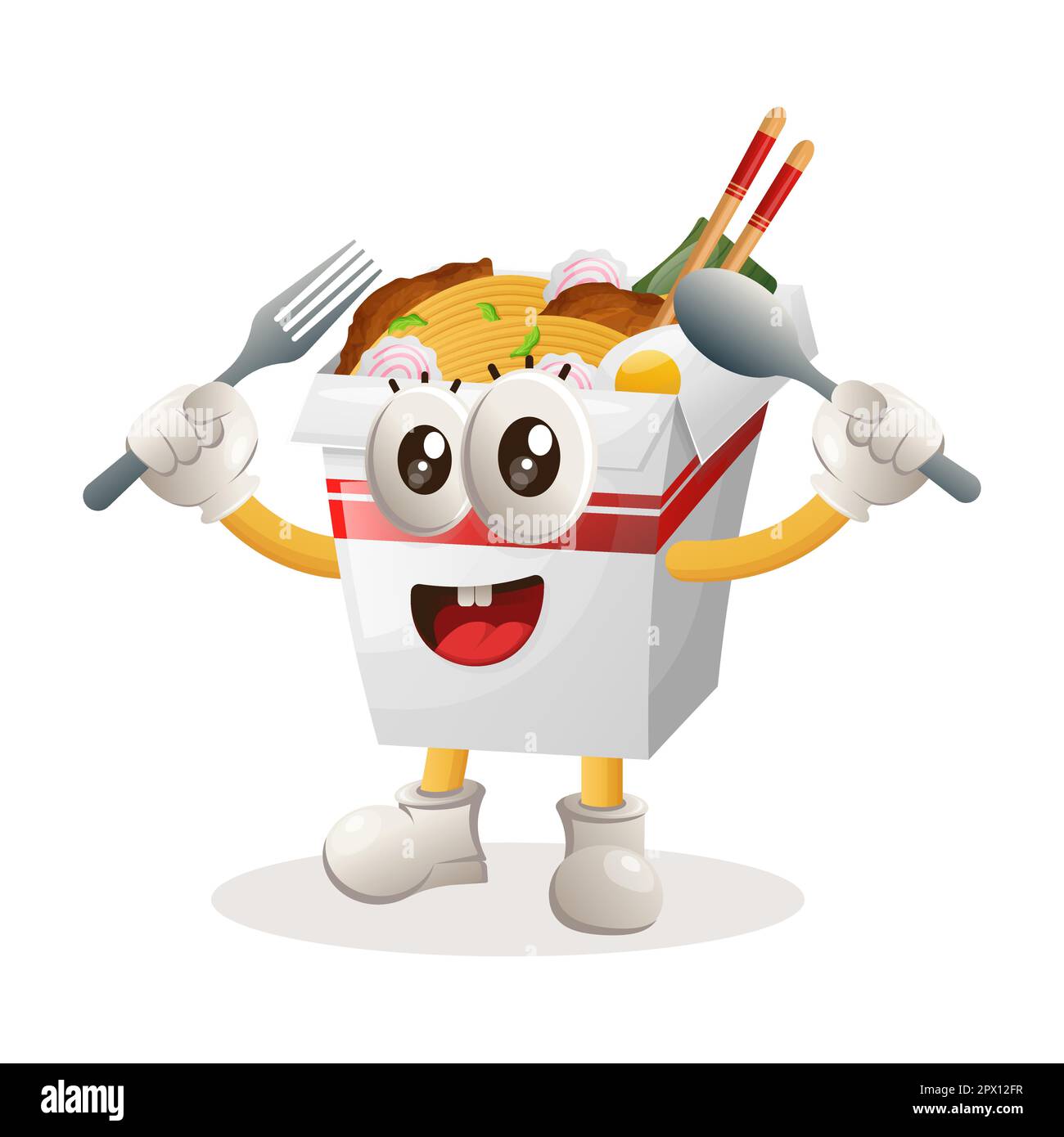 Cute ramen mascot holding spoon and fork. Perfect for food store, small