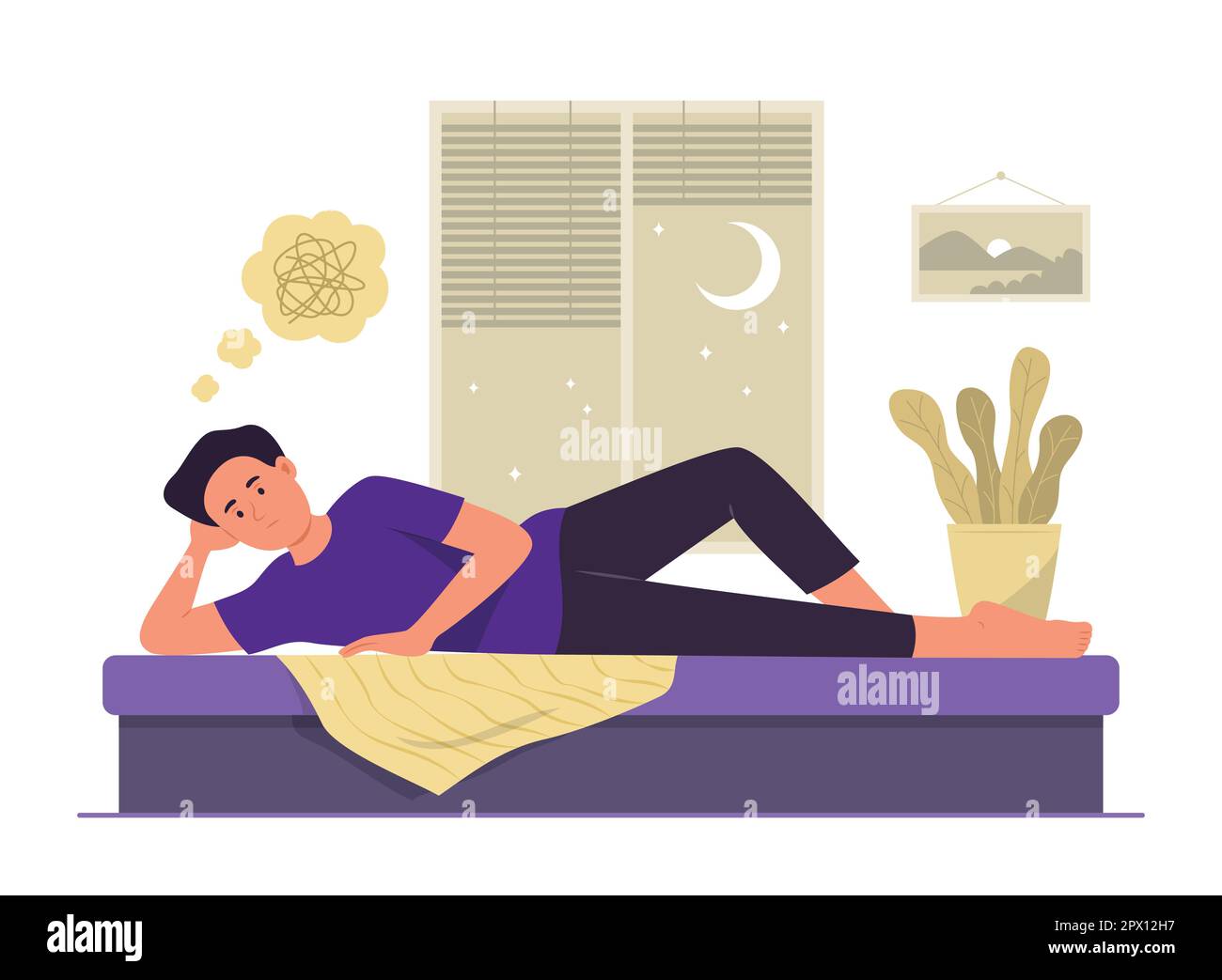 Insomnia Man Lying in Bed with Stress Feeling for Sleepless Concept Illustration Stock Vector