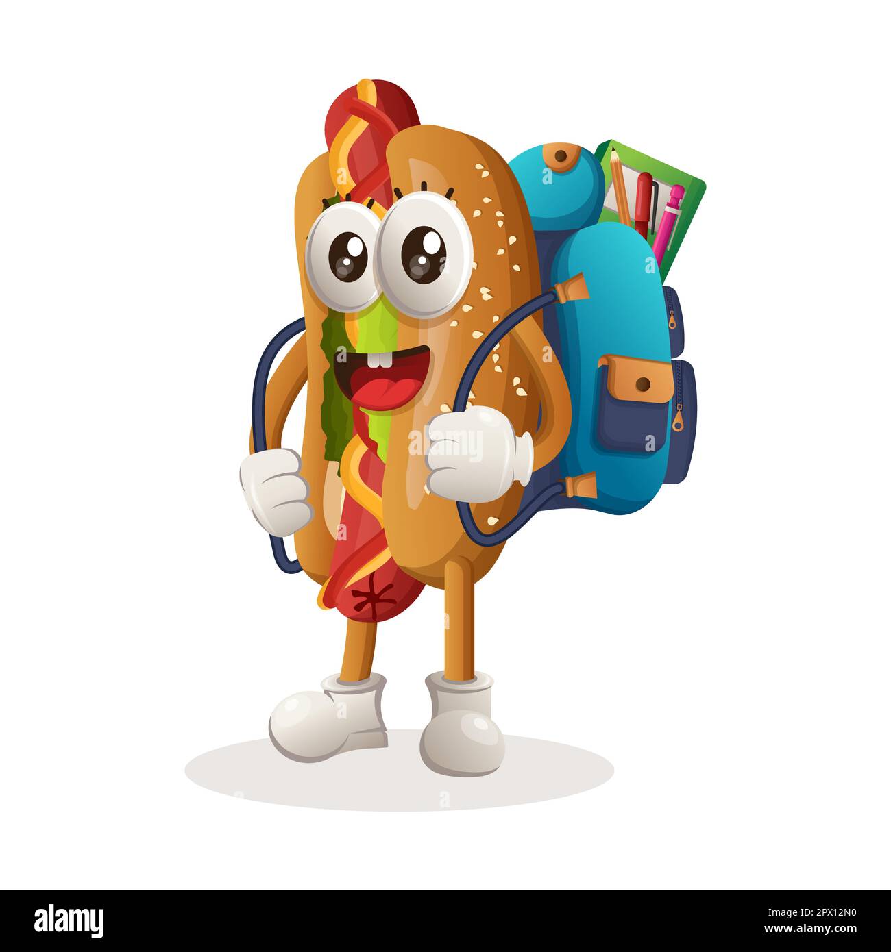 Cute hotdog mascot carrying a schoolbag, backpack, back to school. Perfect for food store, small business or e-Commerce, merchandise and sticker, bann Stock Vector