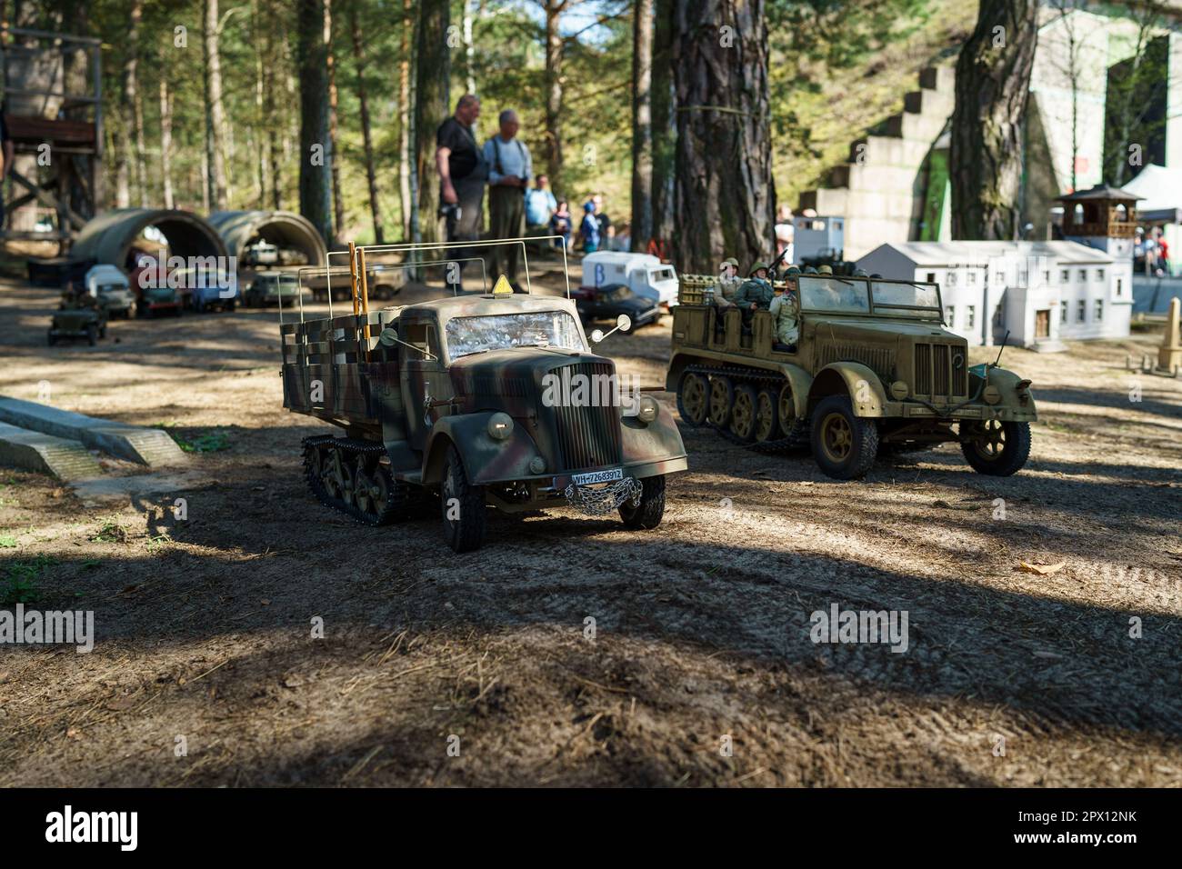 RC models of a half-track military vehicle Sd.Kfz. 7 and Sd.Kfz.3a Maultier. Meeting of fans of retro cars of the Eastern bloc (Ostfahrzeugtreffen). Stock Photo