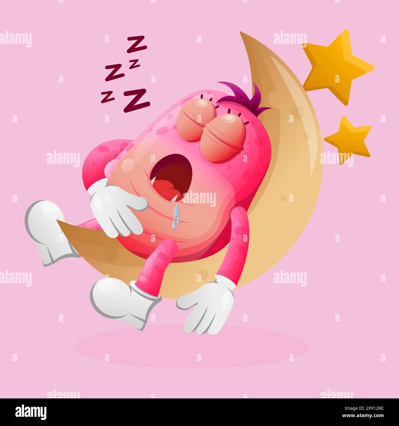 Cute pink monster sleeping, sleeping on the moon. Perfect for kids, small business or e-Commerce, merchandise and sticker, banner promotion, blog or v Stock Vector