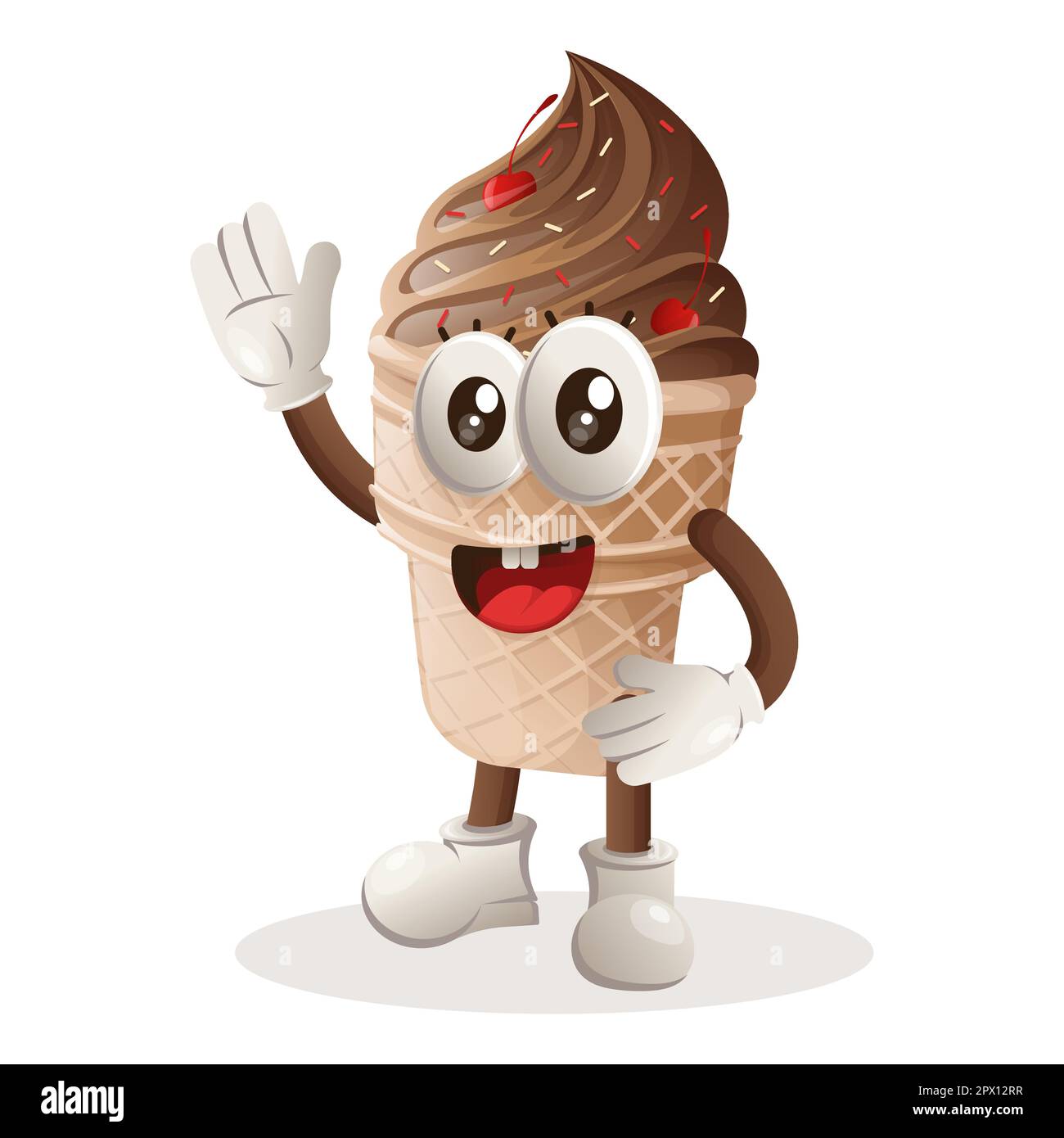 Cute ice cream mascot waving hand. Perfect for food store, small