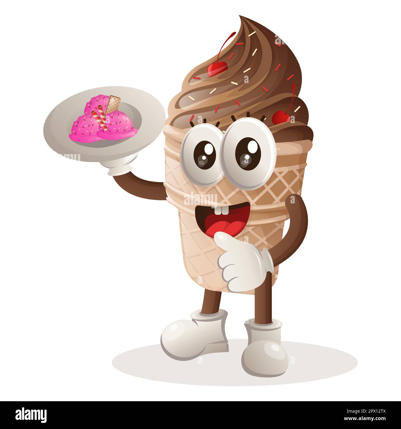 Cute ice cream mascot serving desserts, waiters. Perfect for food store, small business or e-Commerce, merchandise and sticker, banner promotion, food Stock Vector