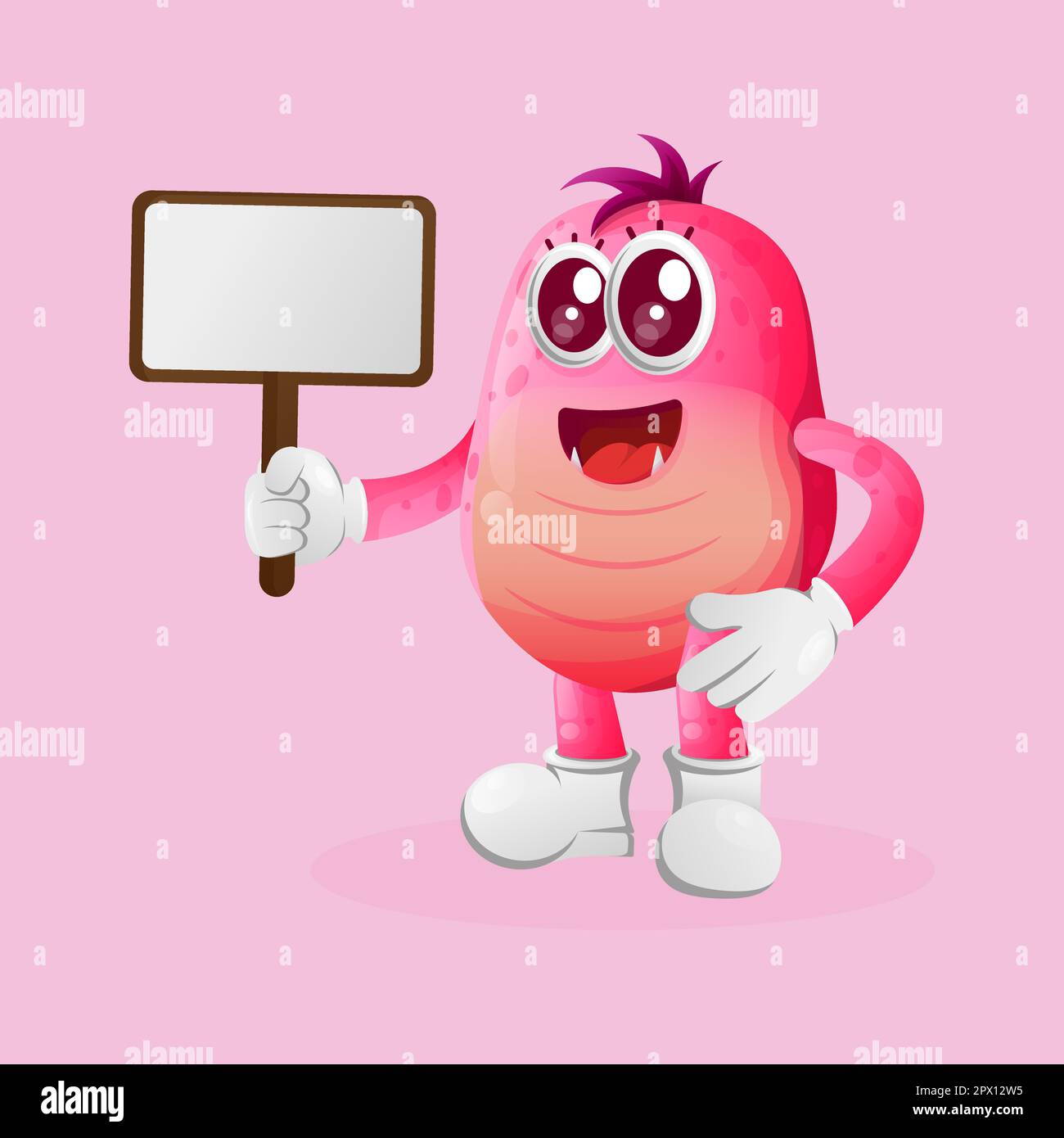 Cute pink monster holding billboards. Perfect for kids, small business or e-Commerce, merchandise and sticker, banner promotion, blog or vlog channel Stock Vector