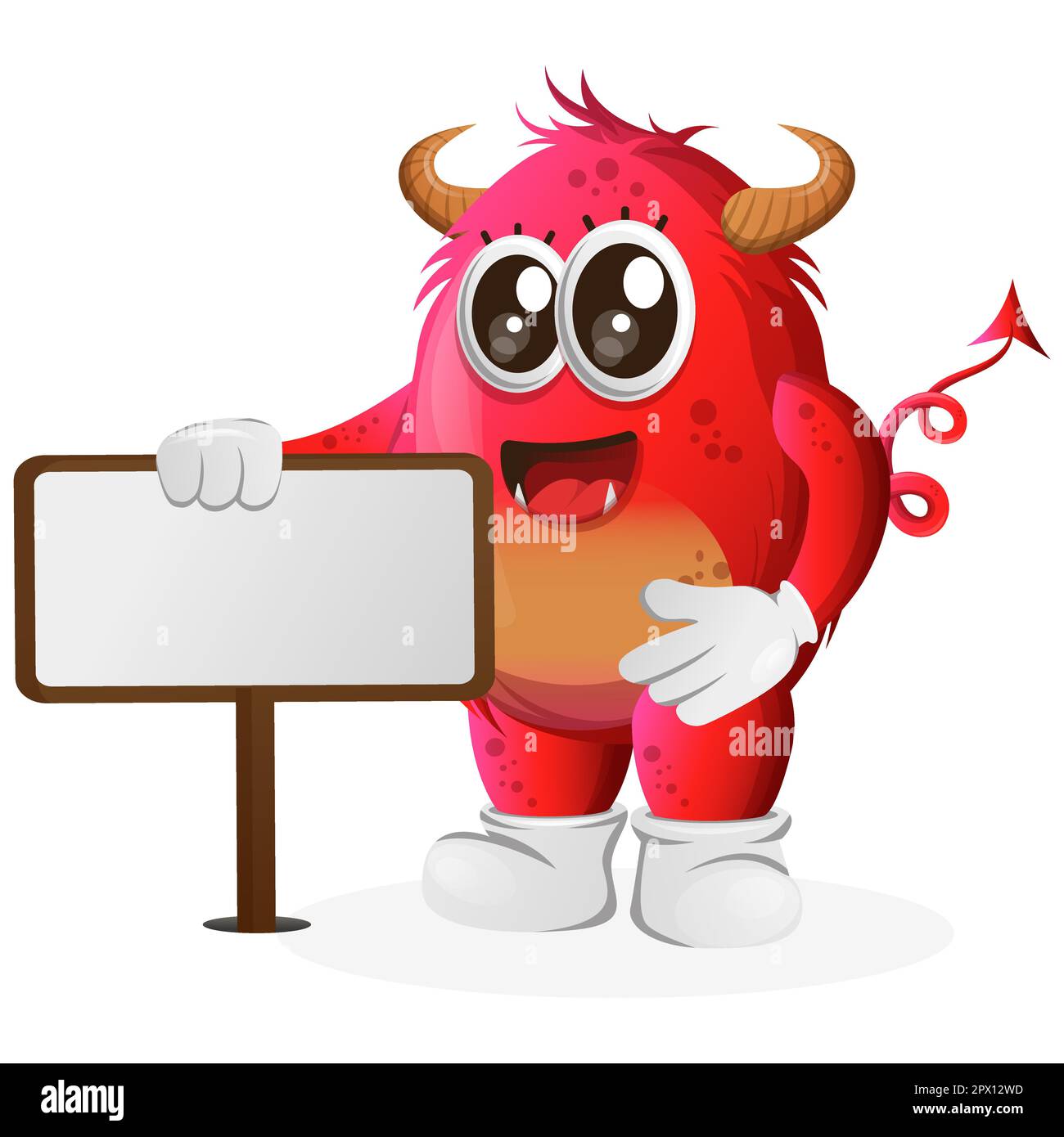 Cute red monster standing next to a billboard. Perfect for kids, small business or e-Commerce, merchandise and sticker, banner promotion, blog or vlog Stock Vector