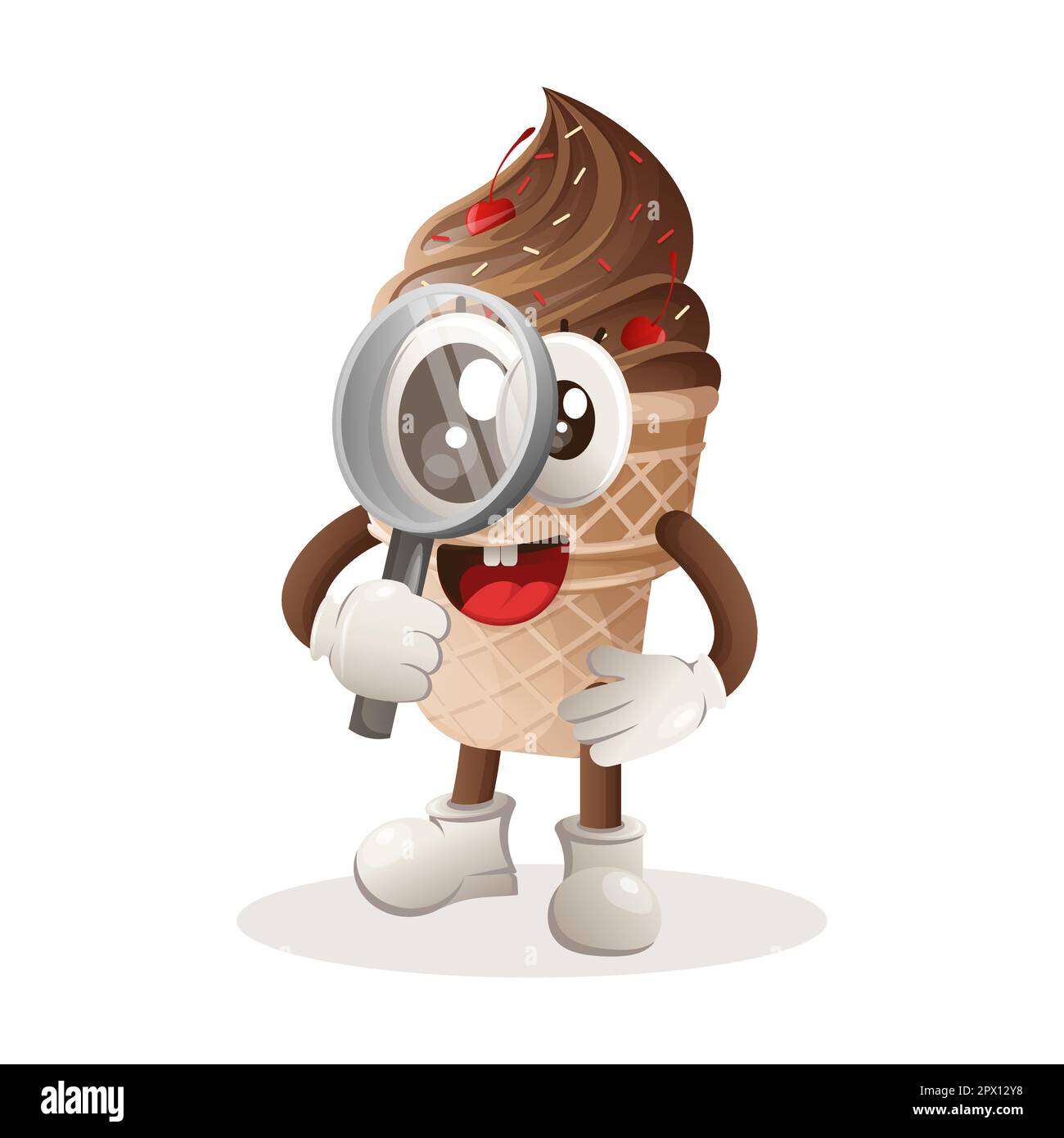 Cute ice cream mascot conducting research, holding a magnifying glass