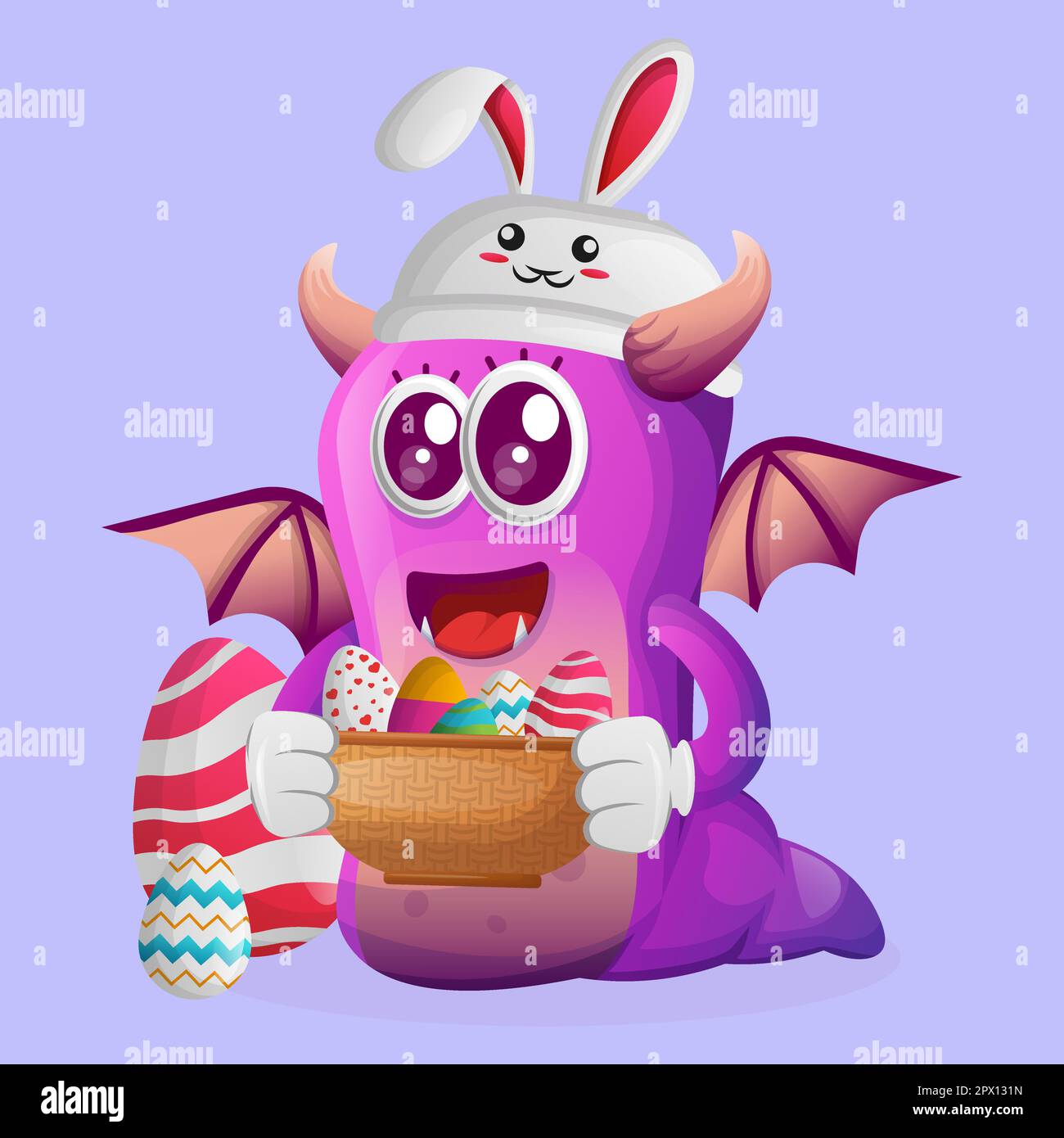 Cute purple monster wearing the bunny cap with holding easter egg in ...