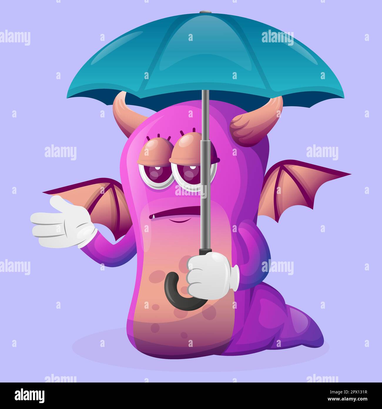 Cute purple monster holding umbrella with boblue expression. Perfect for kids, small business or e-Commerce, merchandise and sticker, banner promotion Stock Vector
