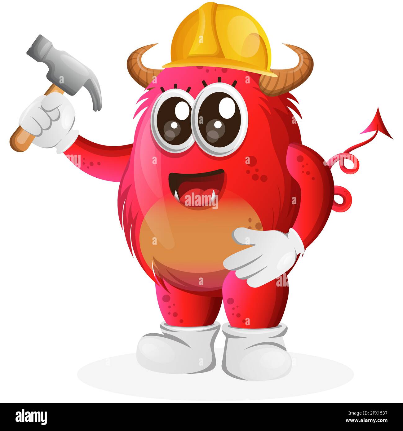 Cute red monster builder holding hammer. Perfect for kids, small business or e-Commerce, merchandise and sticker, banner promotion, blog or vlog chann Stock Vector