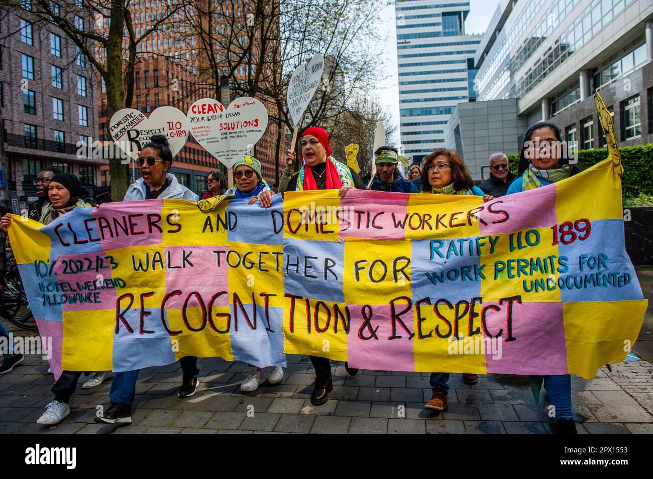 Amsterdam, Netherlands. 01st May, 2023. Domestic workers are seen marching  to demand more support. On the day of International Workers' Day, also  known as Labour Day, in Amsterdam people marched to demand