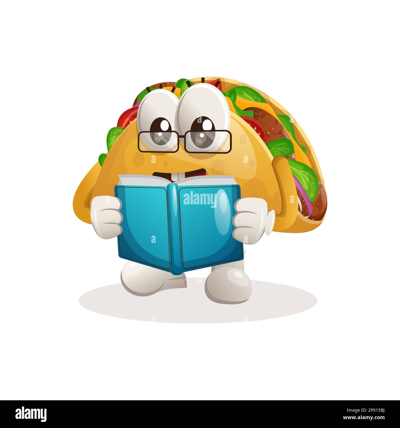 Cute taco mascot reading a book. Perfect for food store, small business or e-Commerce, merchandise and sticker, banner promotion, food review blog or Stock Vector
