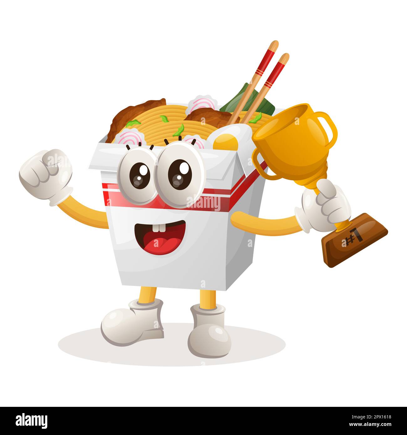 Cute ramen mascot winning award and celebrating success. Perfect for