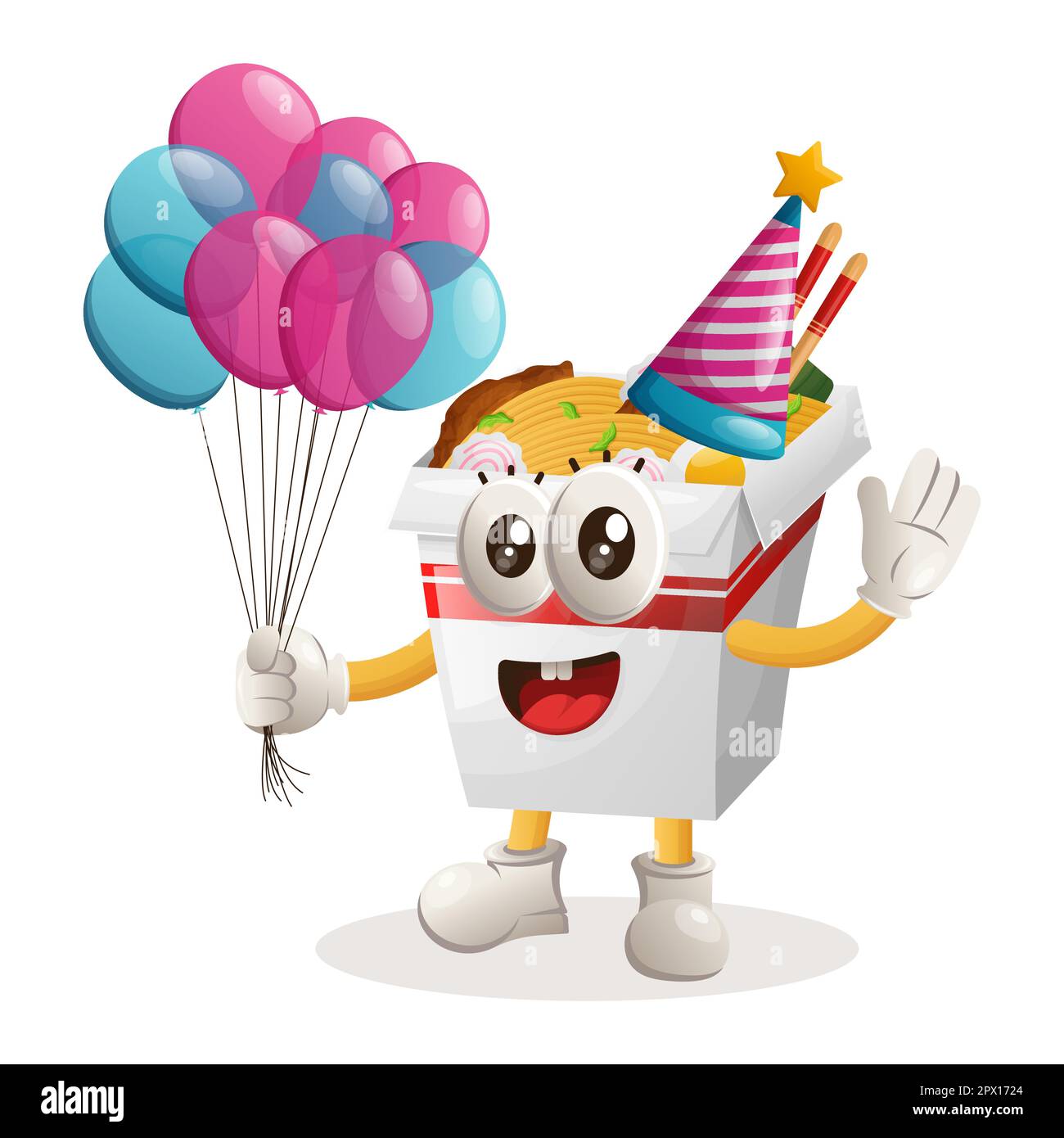 Cute ramen mascot wearing a birthday hat, holding balloons. Perfect for food store, small business or e-Commerce, merchandise and sticker, banner prom Stock Vector