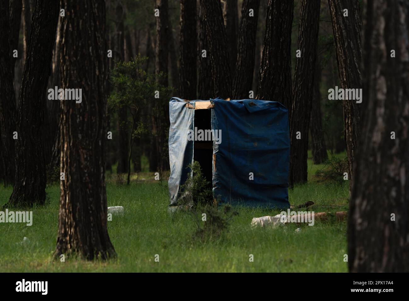 Prefabricated toilet for use in the forest Stock Photo