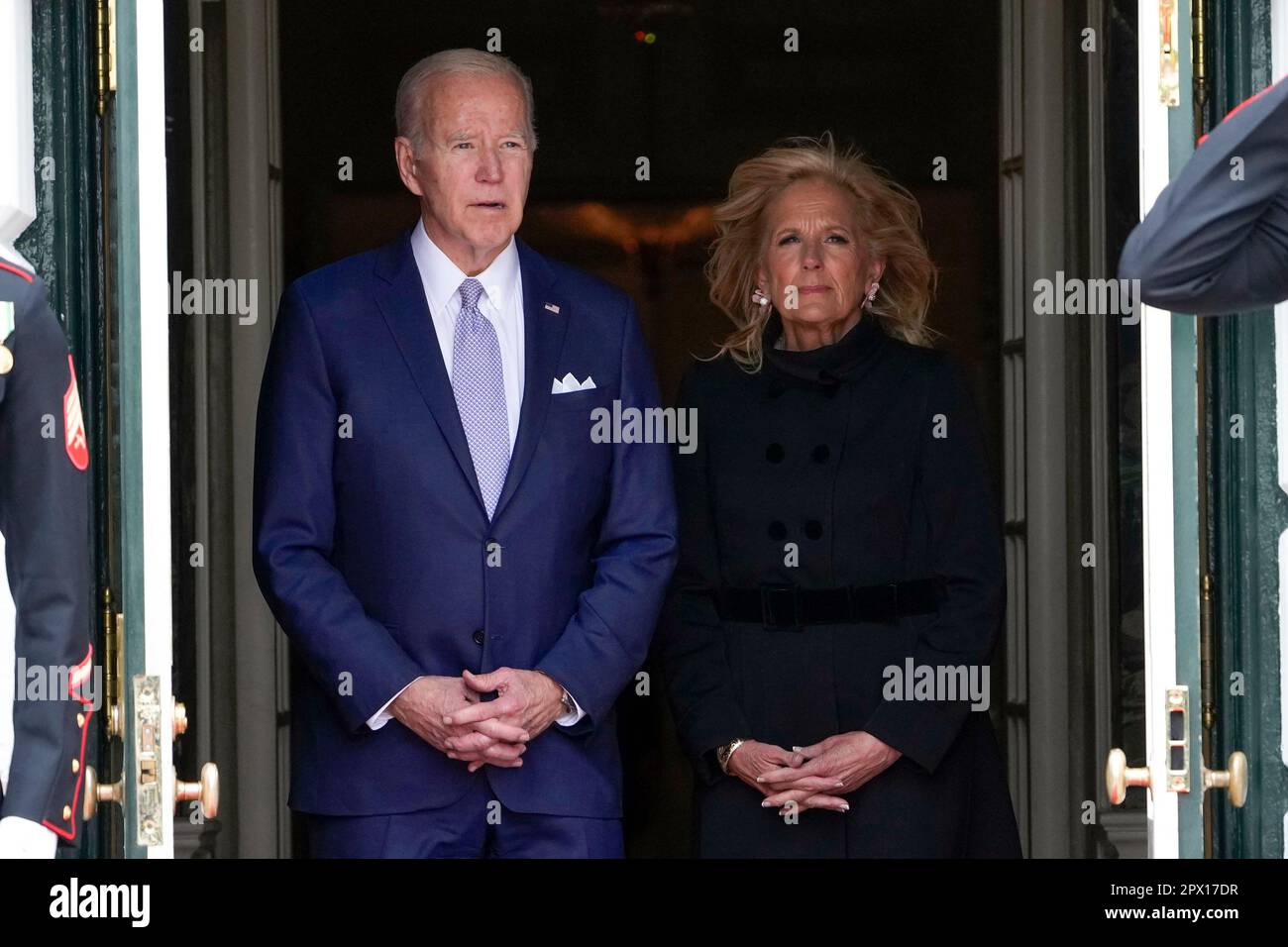 President Joe Biden and first lady Jill Biden wait to welcome Philippines President Ferdinand Marcos Jr. and his wife Louise Araneta Marcos to the White House in Washington, Monday, May 1, 2023. (AP Photo/Susan Walsh) Stock Photo