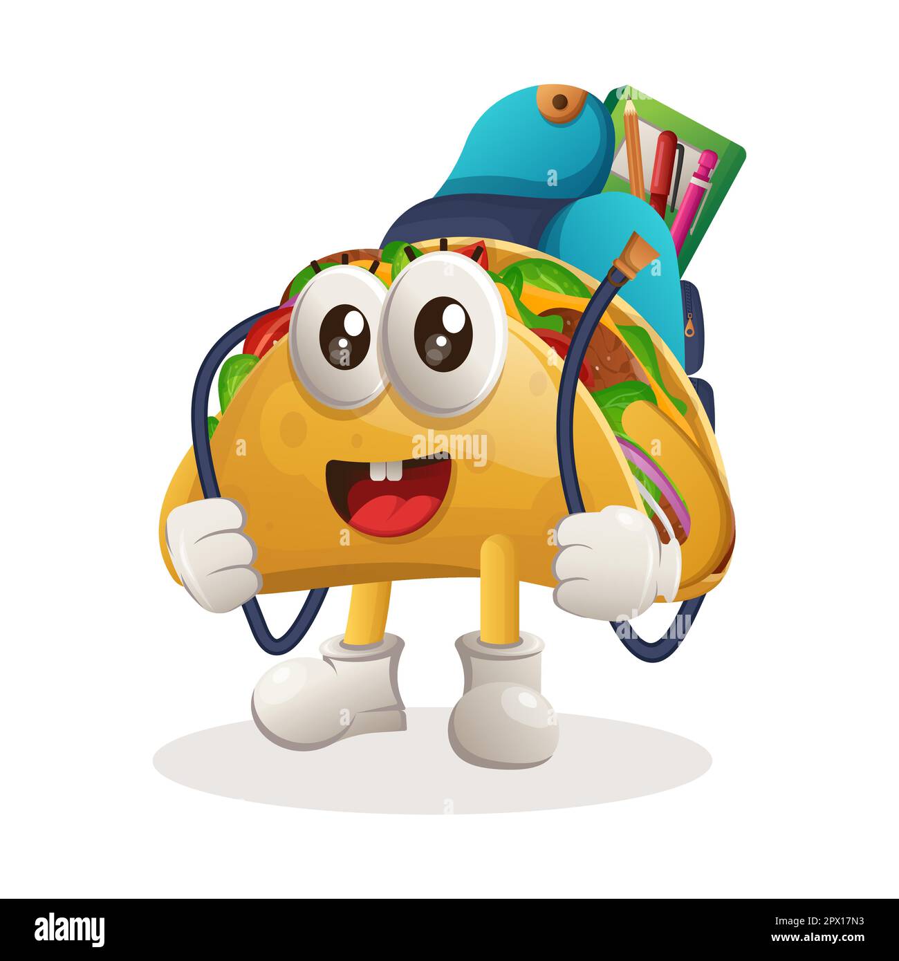 Cute taco mascot carrying a schoolbag, backpack, back to school. Perfect for food store, small business or e-Commerce, merchandise and sticker, banner Stock Vector