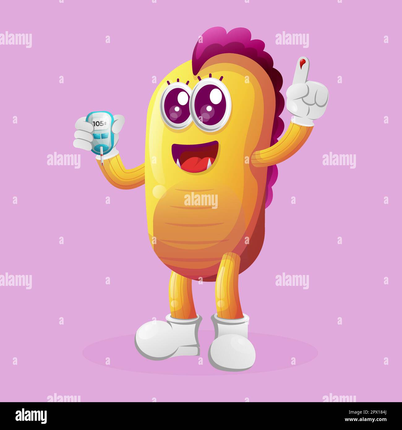 Cute yellow monster holding a blood glucose meter. Perfect for kids, small business or e-Commerce, merchandise and sticker, banner promotion, blog or Stock Vector