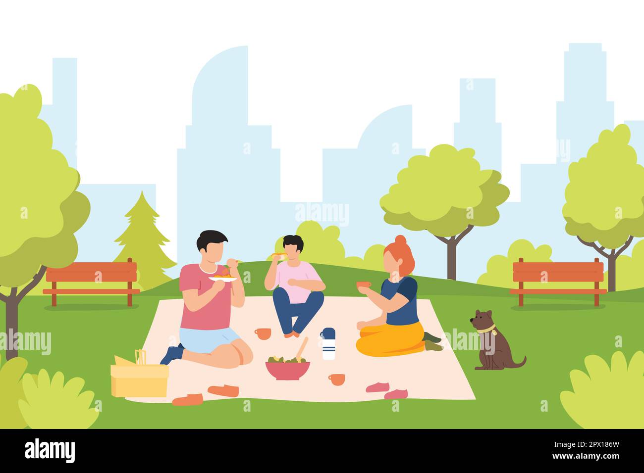 Picnic in park. Friends eating salad and drinking tea from thermos. Male and female characters spending leisure time together. Young people chilling o Stock Vector
