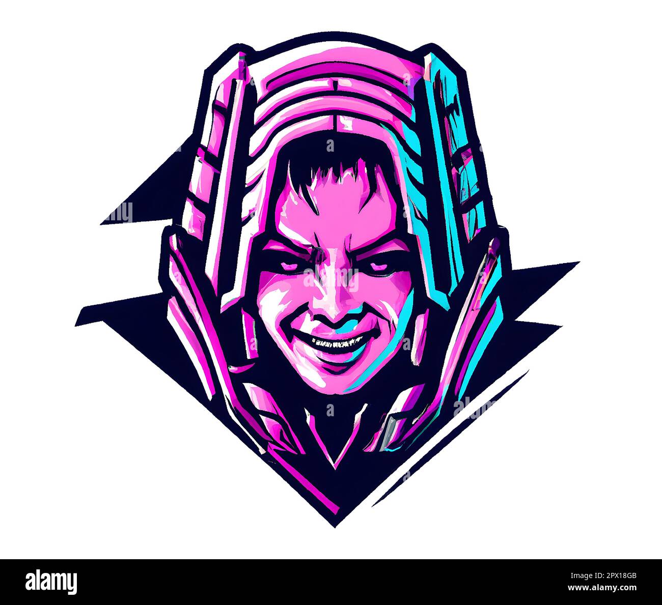 Illustration of creepy smiling woman face, cyberpunk style illustration. Stock Photo