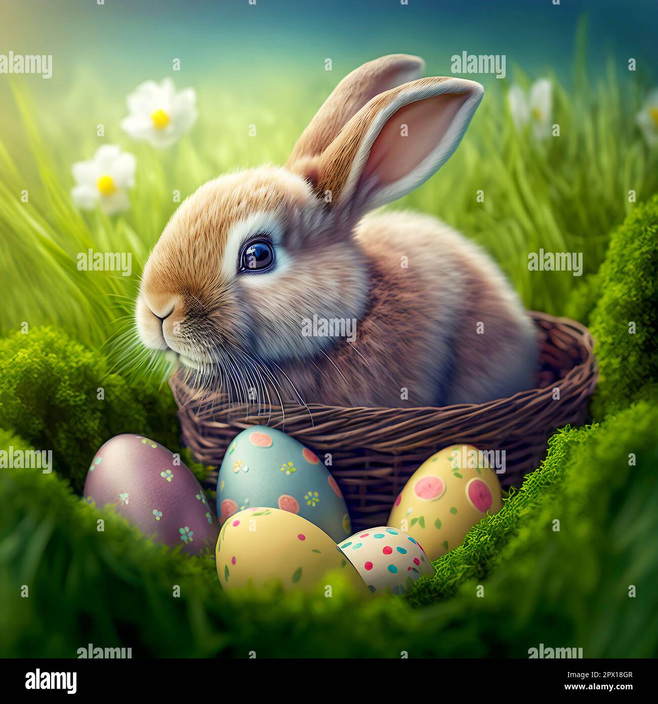 Illustration of easter cute bunny sitting in the wicker basket with ...