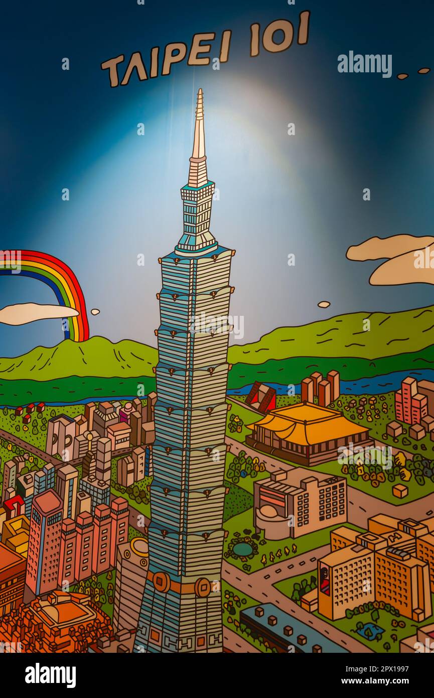 Cartoon style advert for the Taipei 101 tower Stock Photo Alamy