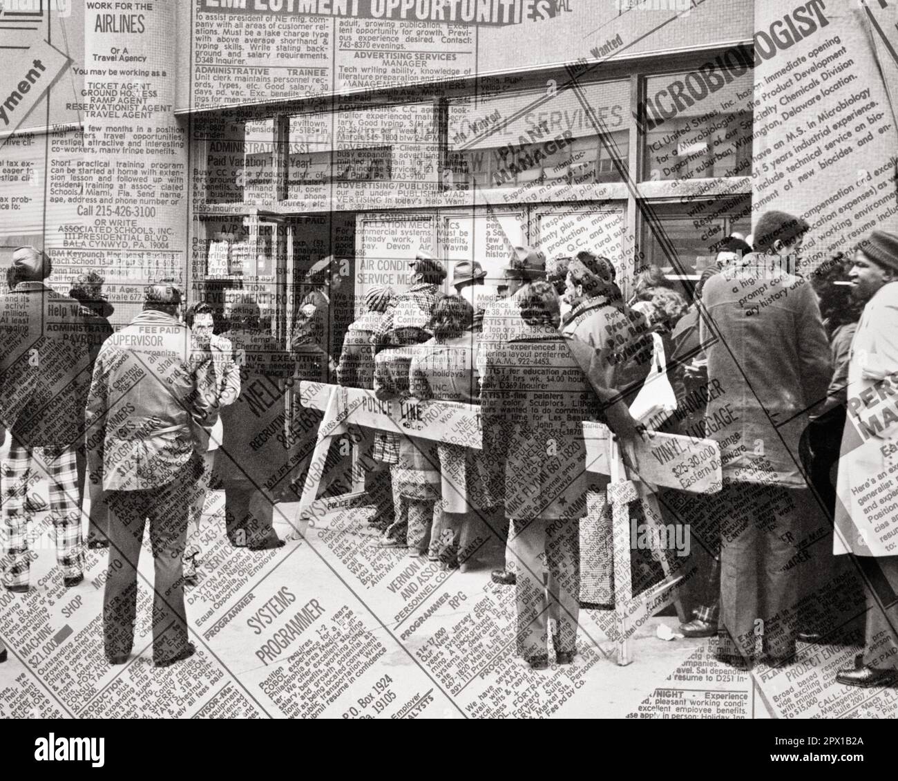 1960s GROUP OF PEOPLE STANDING IN LINE ALONG STREET WITH NEWSPAPER ADS OF EMPLOYMENT SUPERIMPOSED DURING 1960 &1961 RECESSIONS - w6063 HAR001 HARS MONTAGE DIFFERENT LIFESTYLE FEMALES JOBS UNITED STATES COPY SPACE FULL-LENGTH LADIES PERSONS UNITED STATES OF AMERICA MALES B&W NORTH AMERICA NORTH AMERICAN SKILL DREAMS OCCUPATION SKILLS WELFARE AFRICAN-AMERICANS AFRICAN-AMERICAN NETWORKING ALONG COMPOSITE EXTERIOR BLACK ETHNICITY OPPORTUNITY 1961 EMPLOYMENT OCCUPATIONS POLITICS HARD TIMES CONCEPTUAL ADS BENEFITS SUPPORT VARIOUS BUREAUCRACY DISADVANTAGED VARIED COOPERATION DISAFFECTED DISAPPOINTED Stock Photo