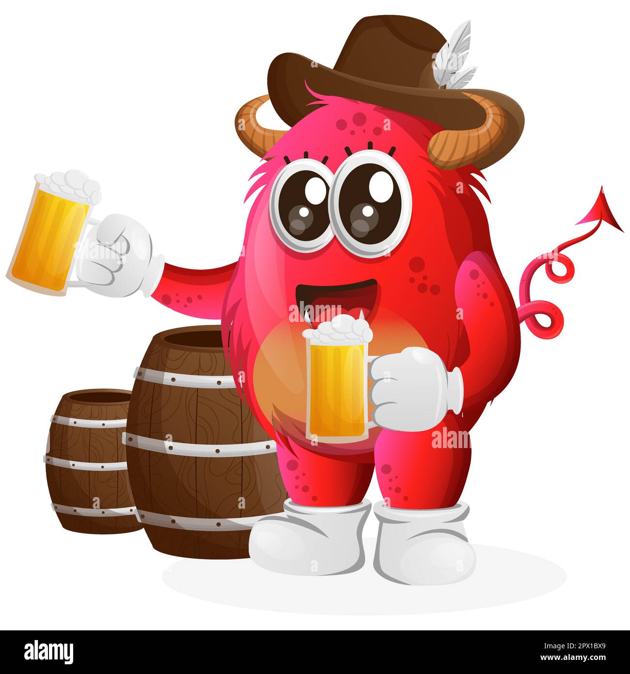 Cute red monster celebrate oktoberfest with holding beer. Perfect for kids, small business or e-Commerce, merchandise and sticker, banner promotion, b Stock Vector