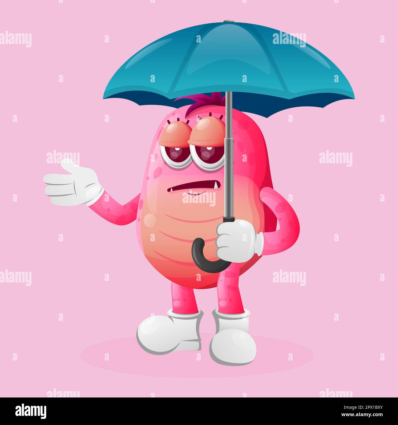 Cute pink monster holding umbrella with boblue expression. Perfect for kids, small business or e-Commerce, merchandise and sticker, banner promotion, Stock Vector