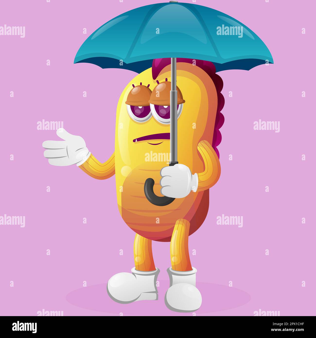 Cute yellow monster holding umbrella with boblue expression. Perfect for kids, small business or e-Commerce, merchandise and sticker, banner promotion Stock Vector