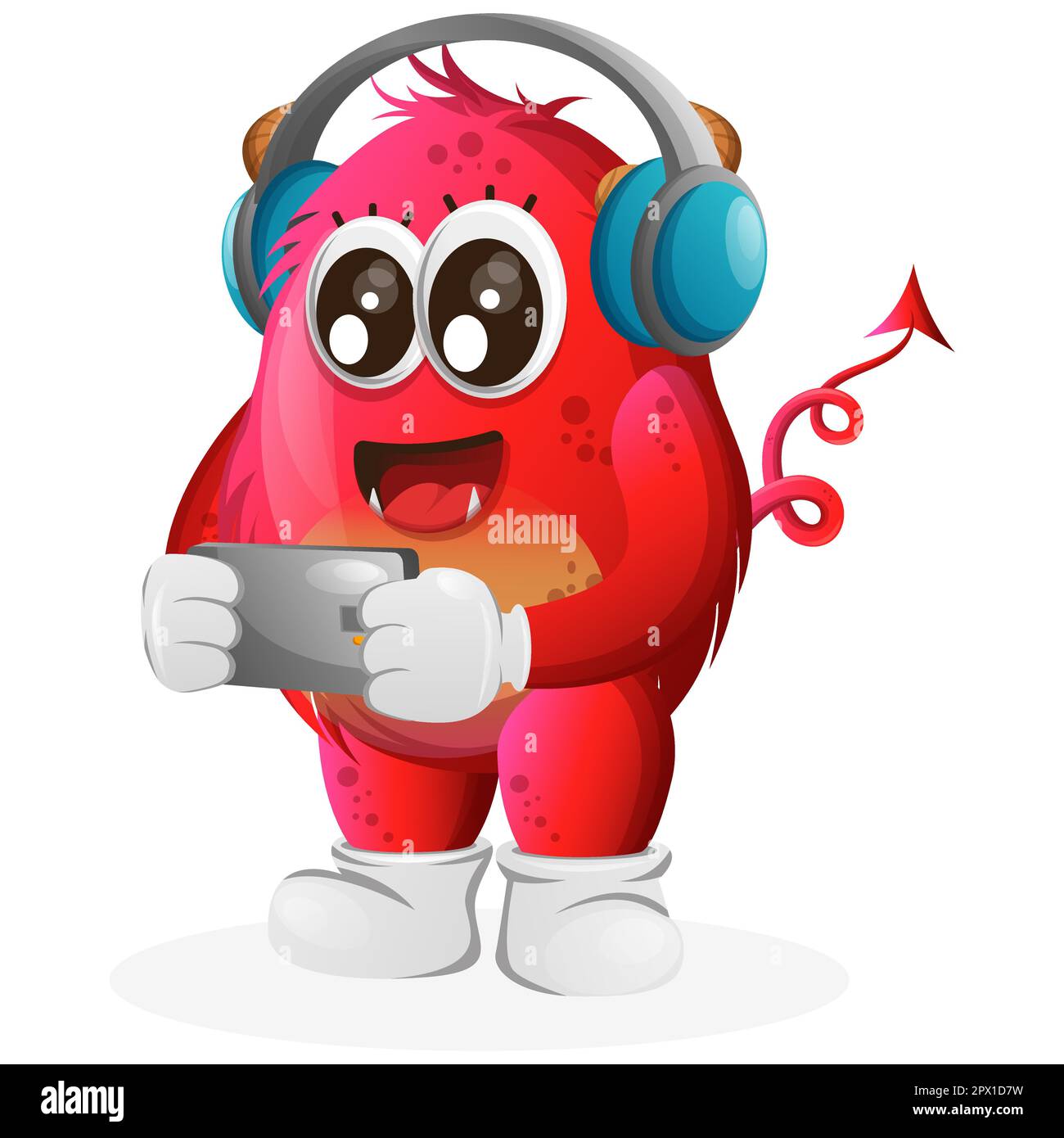 Cute red monster playing game mobile wearing headphones. Perfect