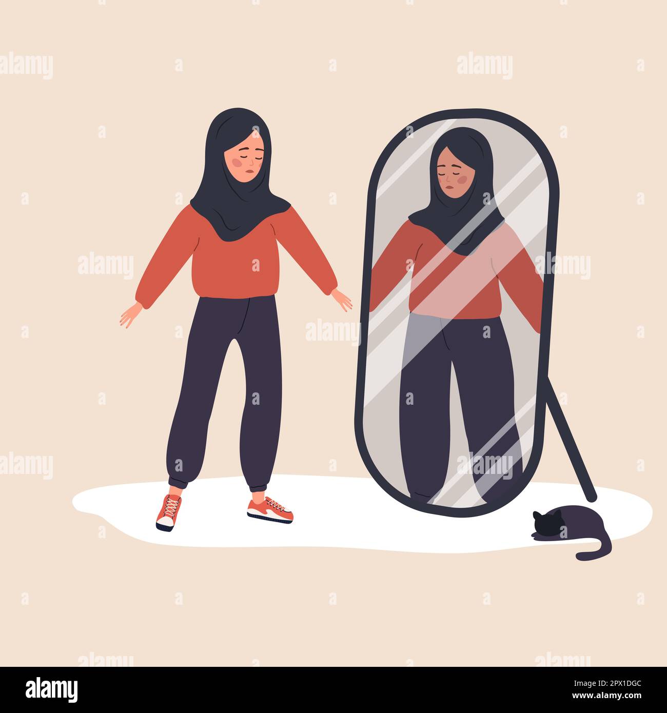 Eating disorder. Slim arabian woman looking herself fat in mirror and feel insecure human. Rejection of yourself. Bulimia or anorexia. Girl with Stock Vector