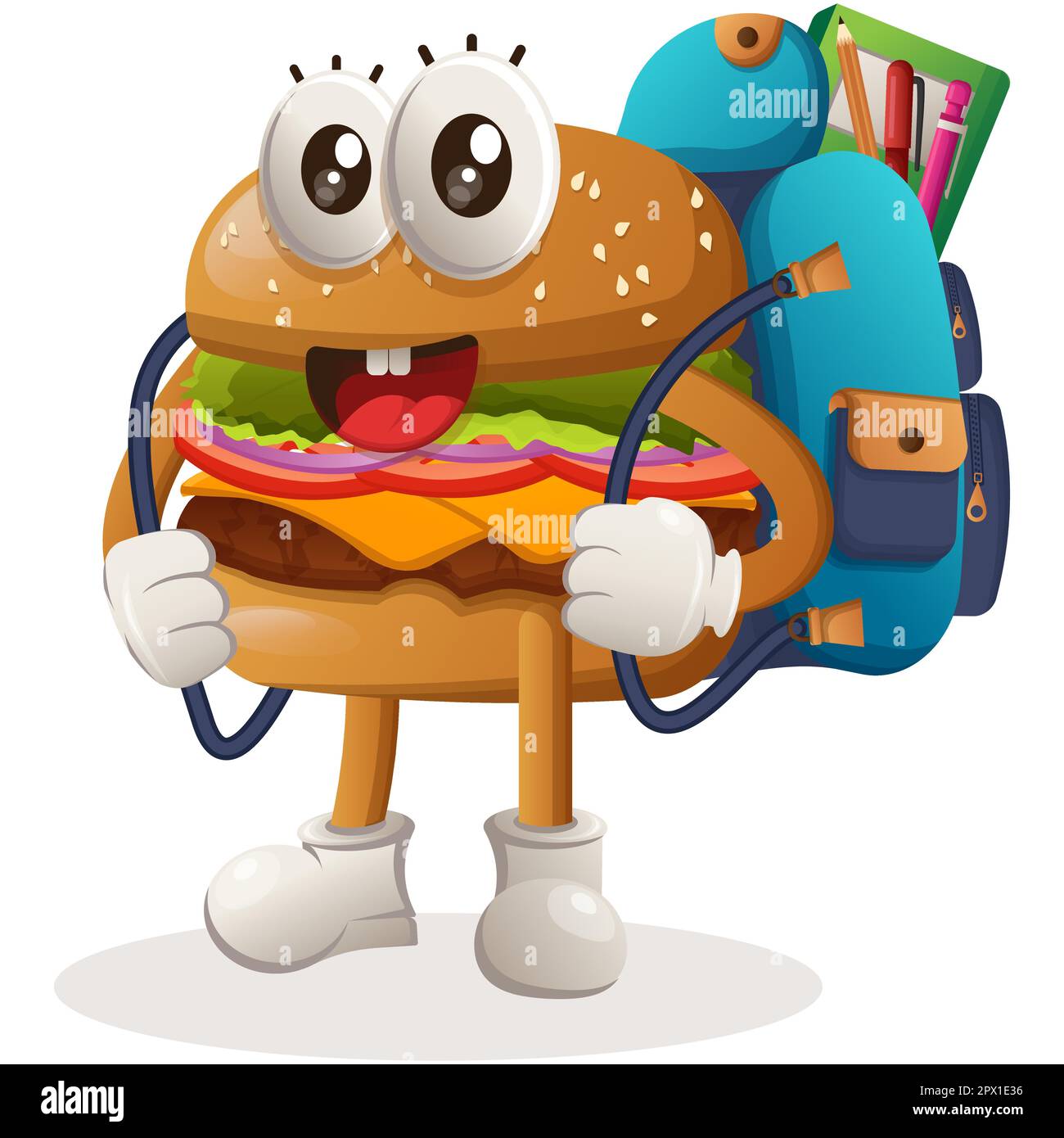 Cute burger mascot design carrying a schoolbag, backpack, back to