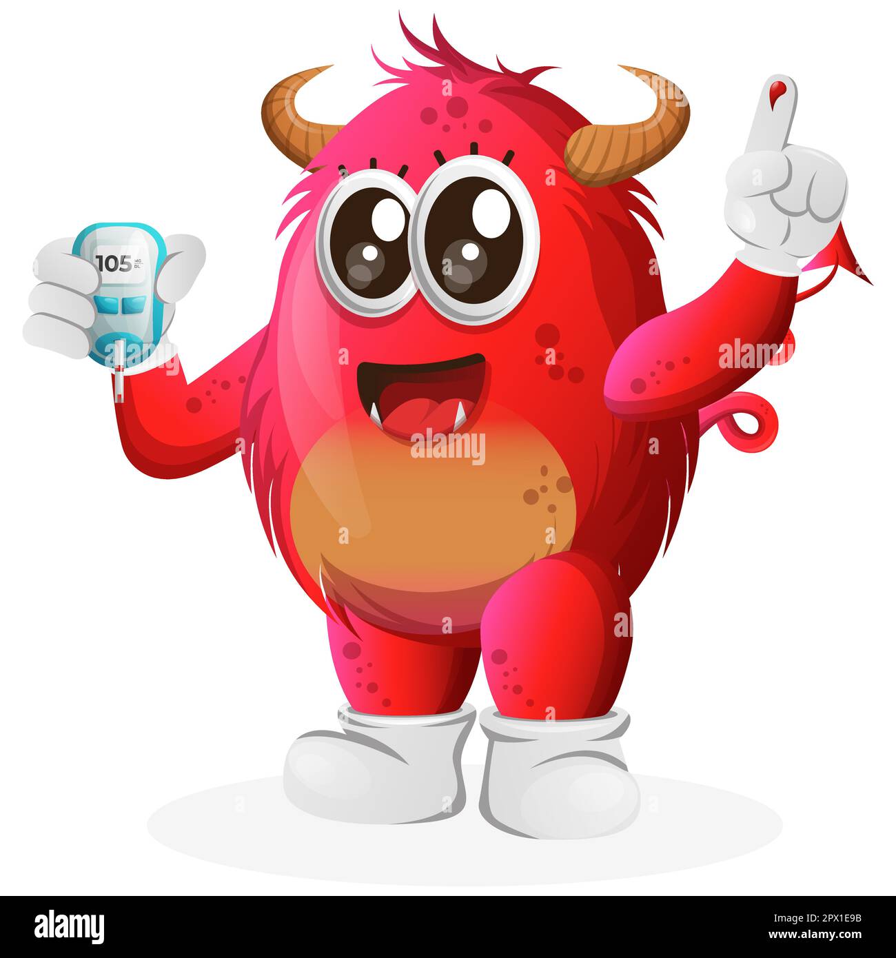 Cute red monster holding a blood glucose meter. Perfect for kids, small business or e-Commerce, merchandise and sticker, banner promotion, blog or vlo Stock Vector