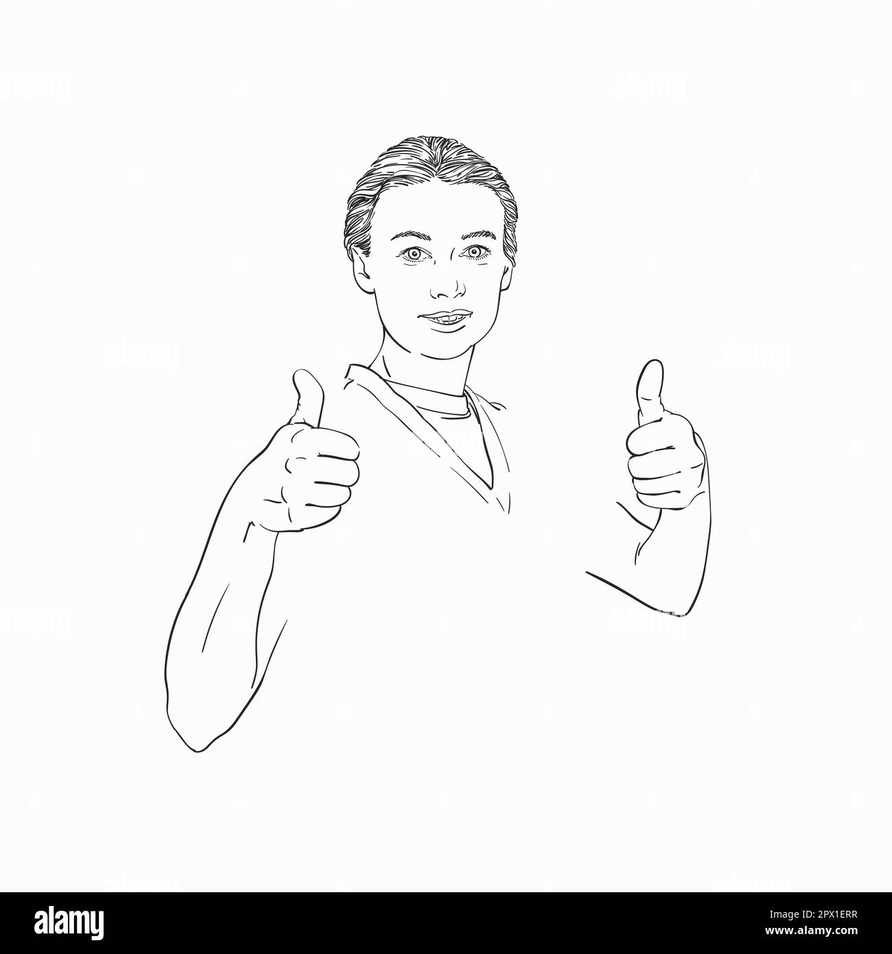 Sketch of young woman showing thumb up gesture with both hands, Hand drawn vector linear illustration Stock Vector