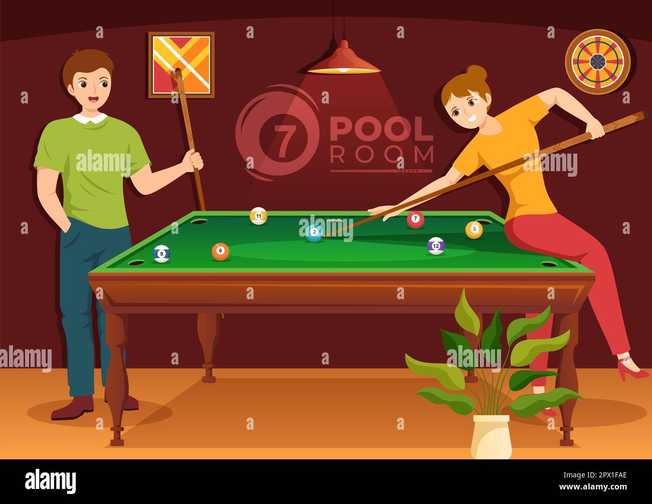 Billiards Game Illustration with Player Pool Room with Stick, Table and ...