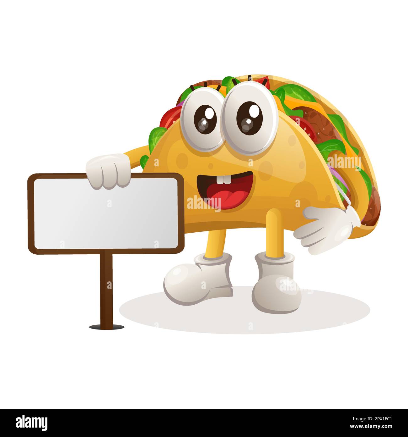 Cute taco standing next to a billboard. Perfect for food store, small business or e-Commerce, merchandise and sticker, banner promotion, food review b Stock Vector