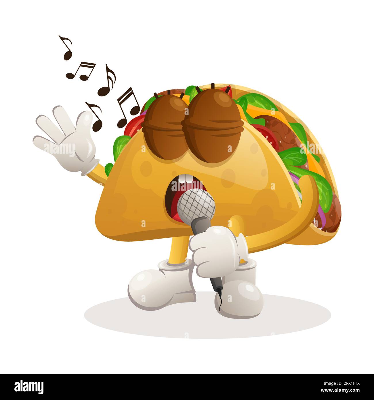 Cute taco mascot singing, sing a song. Perfect for food store, small business or e-Commerce, merchandise and sticker, banner promotion, food review bl Stock Vector