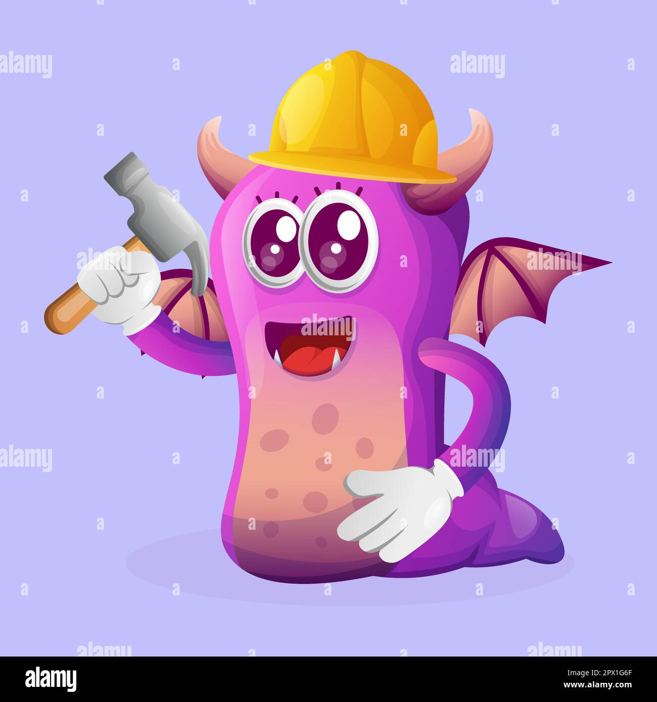 Cute purple monster builder holding hammer. Perfect for kids, small business or e-Commerce, merchandise and sticker, banner promotion, blog or vlog Stock Vector