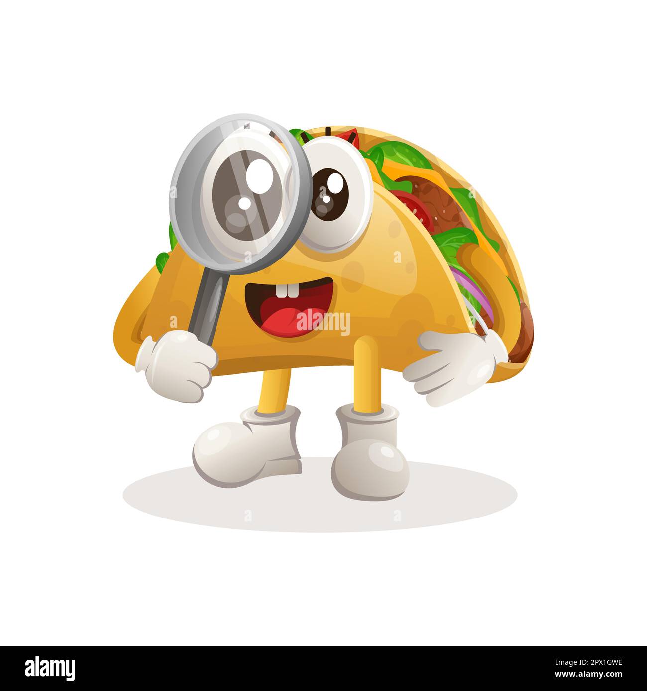 Cute taco mascot conducting research, holding a magnifying glass. Perfect for food store, small business or e-Commerce, merchandise and sticker, banne Stock Vector